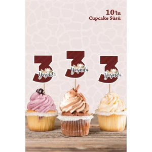 Safari Hayvanları Pastel 3 Yaşında CUPCAKE Süsü *10lu Kalın Kağıt