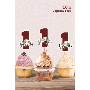 Safari Hayvanları Pastel 1 Yaşında CUPCAKE Süsü *10lu Kalın Kağıt