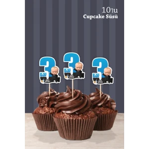 Patron Bebek Boss Baby Temalı  * 3 Yaşında Cupcake Süsü 10lu