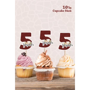 Safari Hayvanları Pastel 5 Yaşında CUPCAKE Süsü *10lu Kalın Kağıt