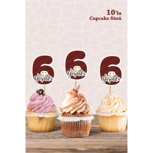 Safari Hayvanları Pastel 6 Yaşında CUPCAKE Süsü *10lu Kalın Kağıt