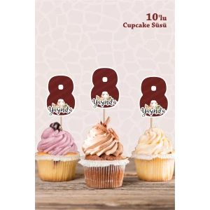 Safari Hayvanları Pastel 8 Yaşında CUPCAKE Süsü *10lu Kalın Kağıt