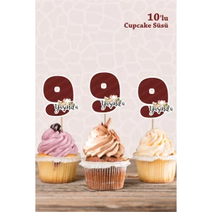 Safari Hayvanları Pastel 9 Yaşında CUPCAKE Süsü *10lu Kalın Kağıt
