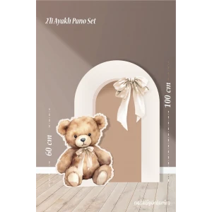 2li Ayaklı Pano Seti Krem Fiyonk, Oturan Ayıcık Temalı / 100 cm - 60 cm