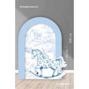 2li Ayaklı Pano Seti Mavi Safari Arka Fon , Sallanan At Temalı / 100 cm - 55 cm