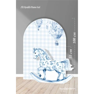 2li Ayaklı Pano Seti Pötikare Uçan Balonlu Mavi Fon, Sallanan At Temalı / 100 cm - 55 cm