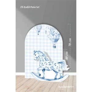 2li Ayaklı Pano Seti Pötikare Uçan Balonlu Mavi Fon, Sallanan At Temalı / 70 cm - 40 cm