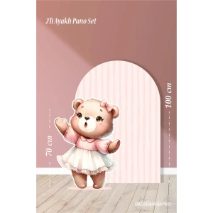 2li Ayaklı Pano Seti Pudra Çizgili, Beyaz Tütülü Ayakta Sevimli Ayıcık Temalı / 100 cm - 70 cm