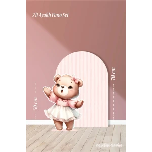 2li Ayaklı Pano Seti Pudra Çizgili, Beyaz Tütülü Ayakta Sevimli Ayıcık Temalı / 70 cm - 50 cm