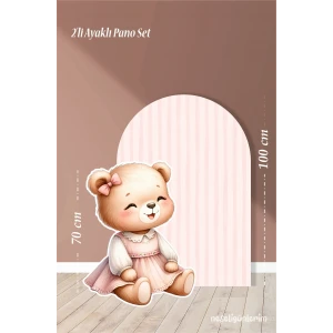 2li Ayaklı Pano Seti Pudra Çizgili, Elbiseli Oturan Sevimli Ayıcık Temalı / 100 cm - 70 cm