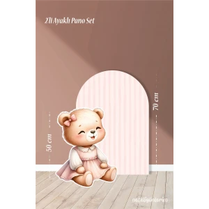 2li Ayaklı Pano Seti Pudra Çizgili, Elbiseli Oturan Sevimli Ayıcık Temalı / 70 cm - 50 cm