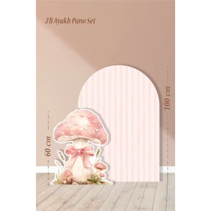 2li Ayaklı Pano Seti Pudra Çizgili, Fiyonklu Mantar Temalı / 100 cm - 60 cm