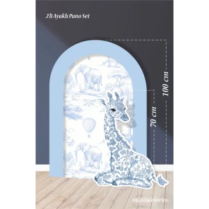 2li Ayaklı Pano Seti Safari Mavi, Oturan Zürafa Temalı / 100 cm - 70 cm