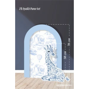 2li Ayaklı Pano Seti Safari Mavi, Oturan Zürafa Temalı / 70 cm - 50 cm