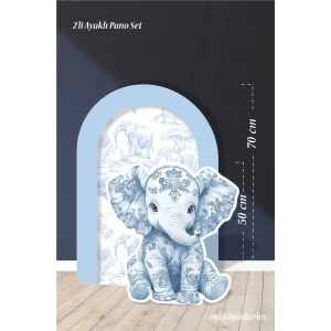 2li Ayaklı Pano Seti Safari Mavi, Oturan Fil Temalı / 70 cm - 50 cm