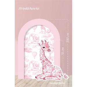 2li Ayaklı Pano Seti Soft Pembe Safari Konseptli ve Oturan Zürafa Dekoru / 100 cm - 70 cm