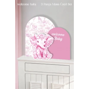 Safari Pembe Fil welcome Baby 3 Parça Masa Üzeri Ayaklı Pano Set