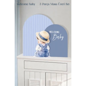 Mavi Çizgili Şapkalı Welcome Baby  Erkek Bebek 3 Parça Masa Üzeri Ayaklı Pano Set