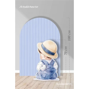 2li Ayaklı Pano Seti Mavi Çizgili Arka Fon , Şapkalı Erkek Bebek / 100 cm - 70 cm