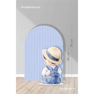 2li Ayaklı Pano Seti Mavi Çizgili Arka Fon , Şapkalı Erkek Bebek / 70 cm - 50 cm