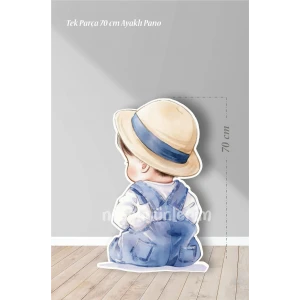Şapkalı Oturan Erkek Bebek 70 cm Ayaklı Pano | Dekor | Mavi | Blue