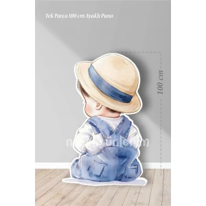 Şapkalı Oturan Erkek Bebek 100 cm Ayaklı Pano | Dekor | Mavi | Blue