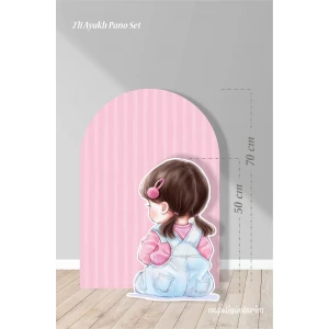 2li Ayaklı Pano Seti Pembe Çizgili Arka Fon , Tokalı Kız Bebek / 70 cm - 50 cm