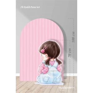 2li Ayaklı Pano Seti Pembe Çizgili Arka Fon , Tokalı Kız Bebek / 100 cm - 70 cm