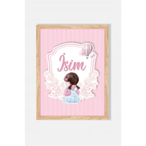 İsme Özel Pembe Tokalı Oturan Kız Ahşap Çerçeve 30x40 cm Tablo, Hastane Odası Kapı Süsü, Çocuk Odası, Dekorasyon