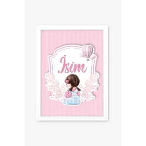 İsme Özel Pembe Tokalı Oturan Kız Beyaz Çerçeve 30x40 cm Tablo, Hastane Odası Kapı Süsü, Çocuk Odası, Dekorasyon
