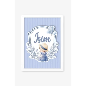 İsme Özel Şapkalı Oturan Erkek Bebek Beyaz Çerçeve 30x40 cm Tablo, Hastane Odası Kapı Süsü, Çocuk Odası, Dekorasyon
