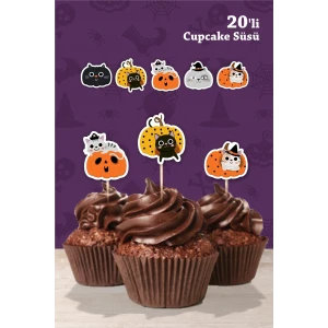 Cadılar Bayramı Halloween Kedili Cupcake Süsü 20li