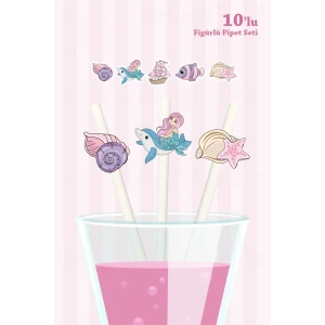 Deniz Kızı Temalı Doğum Günü 10lu Figürlü Pipet Seti