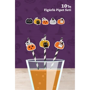 Halloween Cadılar Bayramı Kedi Temalı 10lu Figürlü Pipet Seti