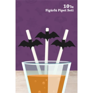 Halloween Cadılar Bayramı Yarasa Temalı 10lu Figürlü Pipet Seti