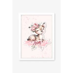 İsme Özel Boyutlu Baby  Deer Beyaz Çerçeve 30x40 cm Tablo, Hastane Odası Kapı Süsü, Çocuk Odası, Dekorasyon
