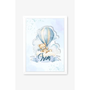 İsme Özel Boyutlu Balon Ayıcık Figürlü Beyaz Çerçeve 30x40 cm Tablo, Hastane Odası Kapı Süsü, Çocuk Odası, Dekorasyon