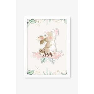 İsme Özel Boyutlu Kelebekli Tavşan Beyaz Çerçeve 30x40 cm Tablo, Hastane Odası Kapı Süsü, Çocuk Odası, Dekorasyon