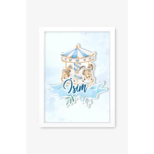 İsme Özel Boyutlu Mavi Atlıkarınca Beyaz Çerçeve 30x40 cm Tablo, Hastane Odası Kapı Süsü, Çocuk Odası, Dekorasyon