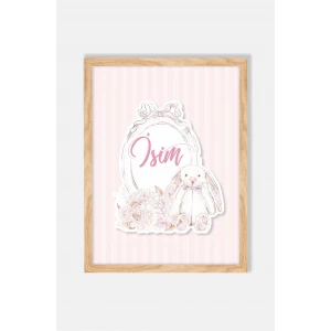 İsme Özel Boyutlu Soft Pink Tavşan Ahşap Çerçeve 30x40cm Tablo, Hastane Odası Kapı Süsü, Çocuk Odası, Dekorasyon