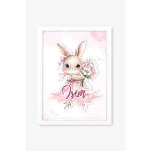İsme Özel Pembe Çiçekli Tavşan Beyaz Çerçeve 30x40 cm Tablo, Hastane Odası Kapı Süsü, Çocuk Odası, Dekorasyon