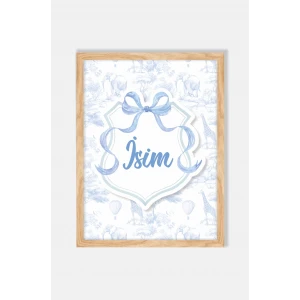 İsme Özel Mavi Fiyonklu Safari Ahşap Çerçeve 30x40cm Tablo, Hastane Odası Kapı Süsü, Çocuk Odası, Dekorasyon