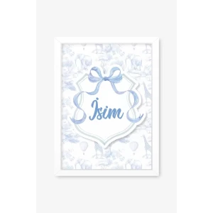 İsme Özel Mavi Fiyonklu Safari Beyaz Çerçeve 30x40 cm Tablo, Hastane Odası Kapı Süsü, Çocuk Odası, Dekorasyon