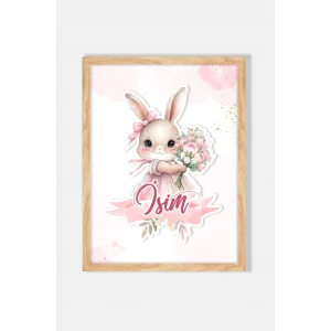 İsme Özel Pembe Çiçekli Tavşan Ahşap Çerçeve 30x40 cm Tablo, Hastane Odası Kapı Süsü, Çocuk Odası, Dekorasyon