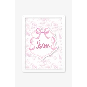 İsme Özel Pembe Fiyonklu Safari Beyaz Çerçeve 30x40 cm Tablo, Hastane Odası Kapı Süsü, Çocuk Odası, Dekorasyon