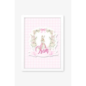İsme Özel Pink Rabbit Beyaz Çerçeve 30x40 cm Tablo, Hastane Odası Kapı Süsü, Çocuk Odası, Dekorasyon