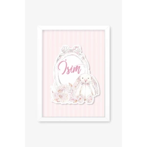 İsme Özel Soft Pink Tavşan Beyaz Çerçeve 30x40 cm Tablo, Hastane Odası Kapı Süsü, Çocuk Odası, Dekorasyon