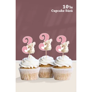 Kelebekli Tavşan 3 Yaşında Cupcake Süsü 10lu