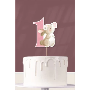Kelebekli Tavşan Teması 1 Yaşında (Bir) Pasta Süsü *Kalın Kağıt