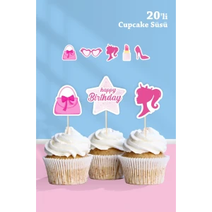 Pembe Kız Temalı Cupcake Süsü 20li